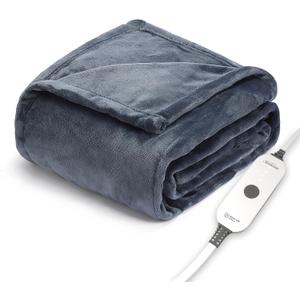 Sunbeam Royal Posh Velvet Heated Throw Electric Blanket, 50" x 60", 4 Heat Settings, 4-Hour Auto Shut-Off, Warming Throw for Couch, Fast Heating, Machine Washable, Warm and Cozy, Rain Storm Blue