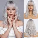 simkaylee Silver Wigs for Women Long Ombre Grey Wavy Wig with Bangs Dark Roots Synthetic Hair Wig Medium Middle Length Wig Water Wave Gray Colorful Wigs for Daily Party Cosplay Costume Use (16 inch)
