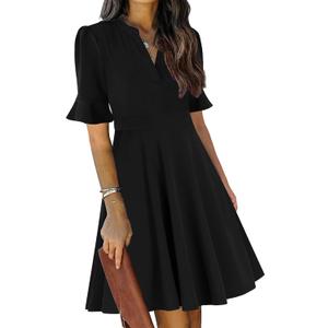 Mokayee Womens Summer V Neck Ruffle Short Sleeve Fit and Flare Knee Length Church Wedding Guest Dresses with Pockets (Black, M)