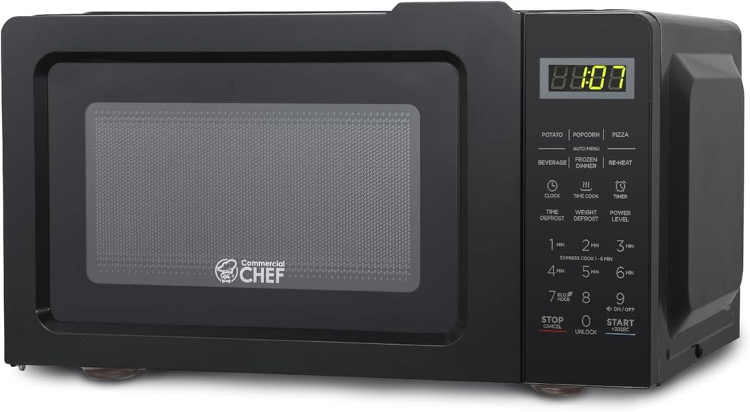 Commercial CHEF CHM770B Cu. Ft. Countertop Oven, 700W, with Digital LED Display, Power Levels, Push Button Door, 10 Diameter Turn Table Microwaves, 0.7 Cubic Feet, Black