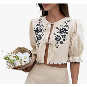 SOLY HUX Women's Summer  Outfits Floral Bow Tie Front Puff Sleeve 1  Blouse.S