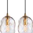 CASAMOTION Pendant Lights Kitchen Island 2 Pack Modern Contemporary Clear Glass Organic Globe Brass Gold Hanging Light Adjustable Cord Bedroom Dining Table Small Medium Lamp 8 Inch Height