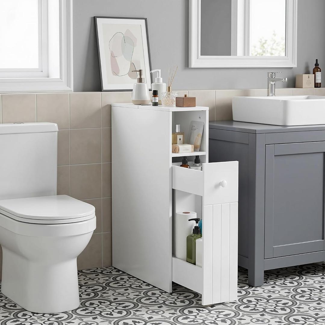 VECELO Slim Bathroom Storage Cabinet, Small Narrow Storage Organizer with Flip Top & Slide Out Drawers, Freestanding Toilet Paper Holder for Bathroom, Kitchen, Laundry Room, White, 7.5"D x 20.0"W x 28.5"H