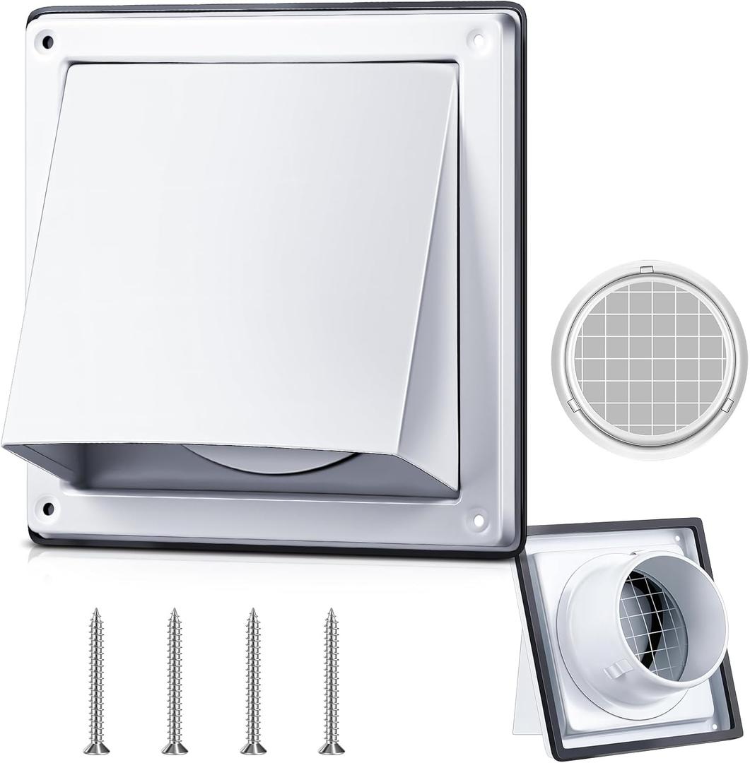Gisafai 4'' Dryer Vent Cover Outside Walls External Extractor Fan Exhaust Vent Cap Stainless Steel Hood Cushioned Non Return Flap with Sealing Gasket Grille Screen (White)