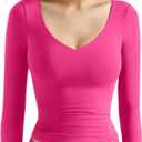 SUUKSESS Women Double Lined Casual V Neck Crop Tank Tops Basic Long Sleeve Shirts (Medium, 19 Hot Pink)