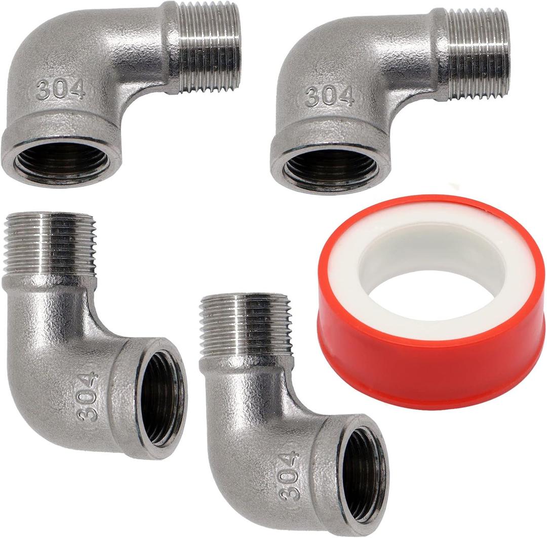 90 Degree Stainless Steel Street Elbow, 3/8" NPT Threaded Cast Pipe Fittings Female x Male with 1 Tape, Thread Inner & Outer Teeth Plumbing Accessories (4Pcs)