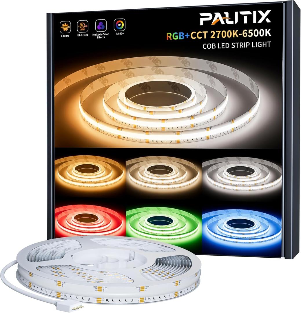 PAUTIX COB LED Strip Light,RGB+WW/CW 20ft/6.1m,RGB+CCT Tunable Color Temperature 2700K-6500K,UL Listed DC24V Color Changing Tape Lights for DIY Decoration(Power Supply & Controller Not Included)