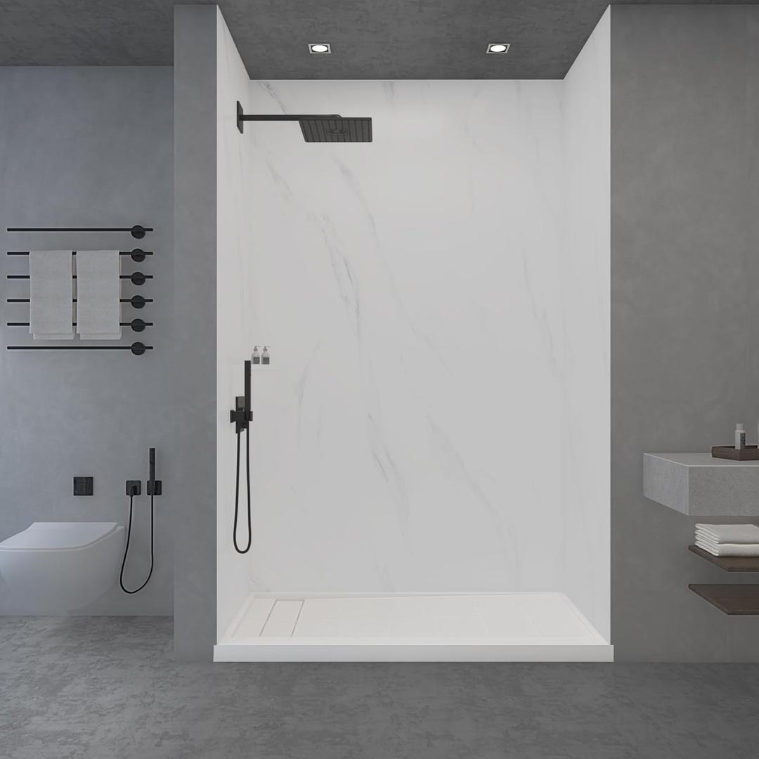WOODBRIDGE Solid Surface 36"W  36"D  96"H 3-Piece Shower Wall Panel Surround Kit, Carrara White, Trimmable, Quick Install