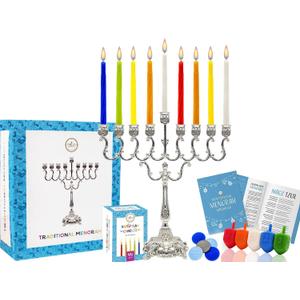 The Dreidel Company Complete Chanukah Menorah Set - Silver-Plated and Classic 45 Multicolored Candles, 5 Plastic Multicolored Dreidels & Hanukkah Play Coins, Hanukkah Booklet, Instructions Game Card