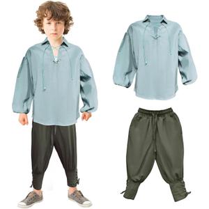 Boys Medieval Pirate Costume Shirt & Ankle Pants Kids Renaissance Viking Halloween Costumes , 4-6 Years, Grey/green