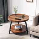 Small Round Side Table, 2-Tier Mid Century Modern Side Table, Round End Table Small End Table for Living Room, Metal Frames, Brown