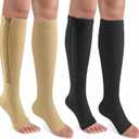 CASMON 2 Pairs Zipper Compression Socks for Women & Men, 15-20 mmHg Open Toe Knee High Support Socks for Varicose Vein Edema (Large-X-Large, Black+beige)