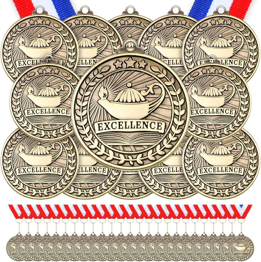 Quelay 60 Pcs Gold Award Medals with Neck Ribbons 2 Inch Winner Medals Awards Bulk Metal Trophy Award Prize Gift for Adult Competitions Education Tournaments Event