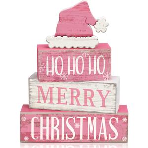 4 Pcs Christmas Table Decorations Pink Santa Hat Decor Christmas Tiered Tray Decor Rustic Wood Pink Hat Block Sign Gift Xmas Table Centerpiece Farmhouse for Home Shelf Kitchen Decorations