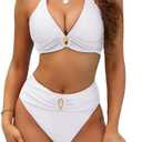 BMJL Womens High Waisted Bikini Sets V Neck Halter Swimsuits Metal Design Two Piece Bathing Suits M