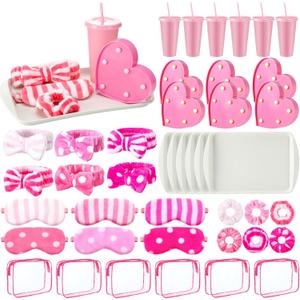 42 Pcs Pink Sleepover Party Supplies for Girls Preppy Spa Party Favors Include Sippy Cup Trays Eye Mask Plush Headband Heart LED Light Scrunchies Toiletry Bag for Spa Birthday Slumber Parties