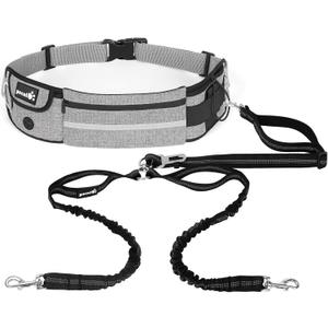 Pecute Hands Free 2 Dogs Waist Belt Fanny Pack with Soft Padded, Dual Dog Leash with Pouch, 3 Padded Handles, Durable Bungee, Double Leash for Running Walking Hiking Jogging Biking (Gray-new)