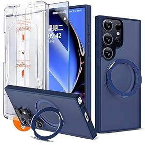 QSEVNSQ 360 Spin Magnetic Stand for Samsung Galaxy S25 Ultra Case with Screen Protector, Fit for Magsafe, 3X Military Grade Protective S25 Ultra Case with Kickstand Ring Holder, Matte Blue