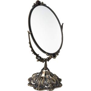Feyarl Small Metal Vintage Makeup Mirror Floral Tabletop Oval Vanity Swivel Double Sided Mirror with Stand Elegant Decorative for Dressing Room Bedroom (Bronze)