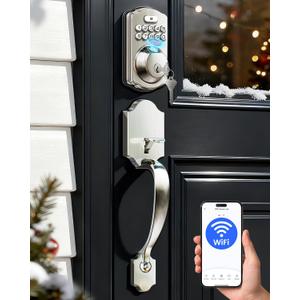Veise VE012W-H WiFi Smart Front Door Lock Set, Built-in WiFi, App Remote & Voice Control, Keyless Entry Fingerprint Smart deadbolt with Handle, Backlit Keypad, Auto Lock, IP55 Waterproof, Satin Nickel