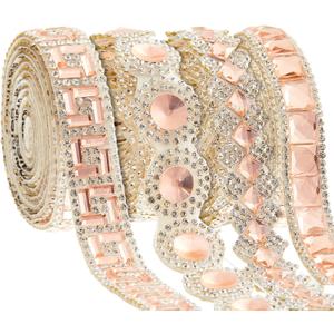Juexica 4 Yards Self Adhesive Rhinestone Ribbons 4 Styles Rhinestone Diamond Roll Bling Ribbon Glitter Resin Diamond Belt for Home Clothing DIY Craft Wedding Baby Shower Event (Champagne,Stylish)