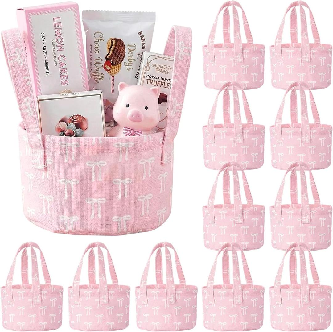 Zhehao 12 Pcs Small Pink Bow Gift Bags, 4.7"x2.9" Mini Baby Shower Candy Basket with Handle Fillable Pink Baby Shower Favors for Guests and Table Centerpieces Candy Party Supply