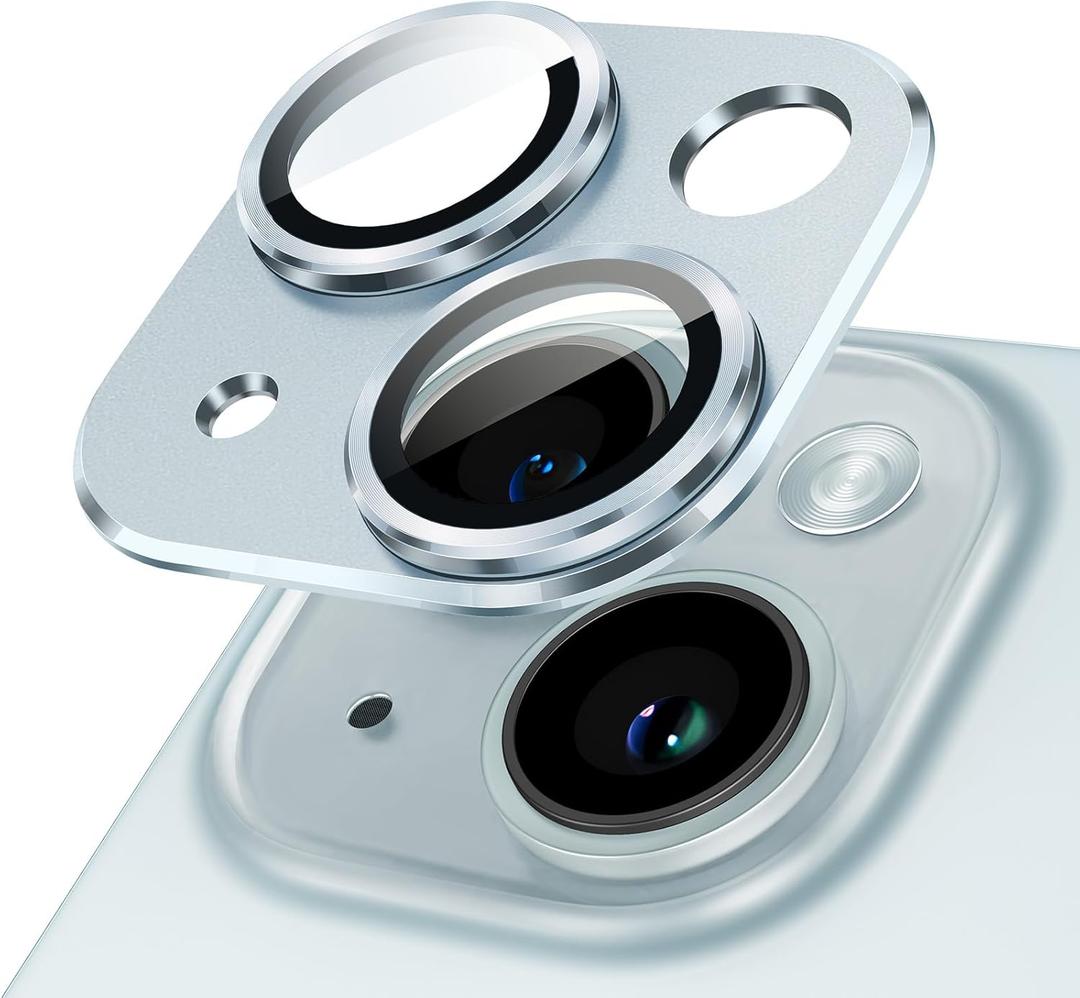 JETech Camera Lens Protector for iPhone 15 6.1-Inch and iPhone 15 Plus 6.7-Inch, Full Coverage 9H Tempered Glass Ring Cover, Matte Metal Plate, Case Friendly, 1-Pack (Blue)