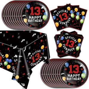 41pcs 13th Red and Black Birthday Party Supplies,include 20 Dessert Plates, 20 Napkin and 1pcs Tablecloth,Used for 13th Red and Black Party Decoration