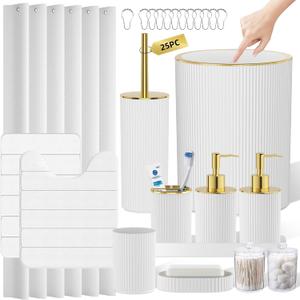White and Gold Bathroom Accessories Set - Bathroom Sets, 25PC Bath Accessory Set, Bathroom Sets with Push Top Can, Shower Curtain and Rugs, Toilet Brush, Can & Soap Dispenser