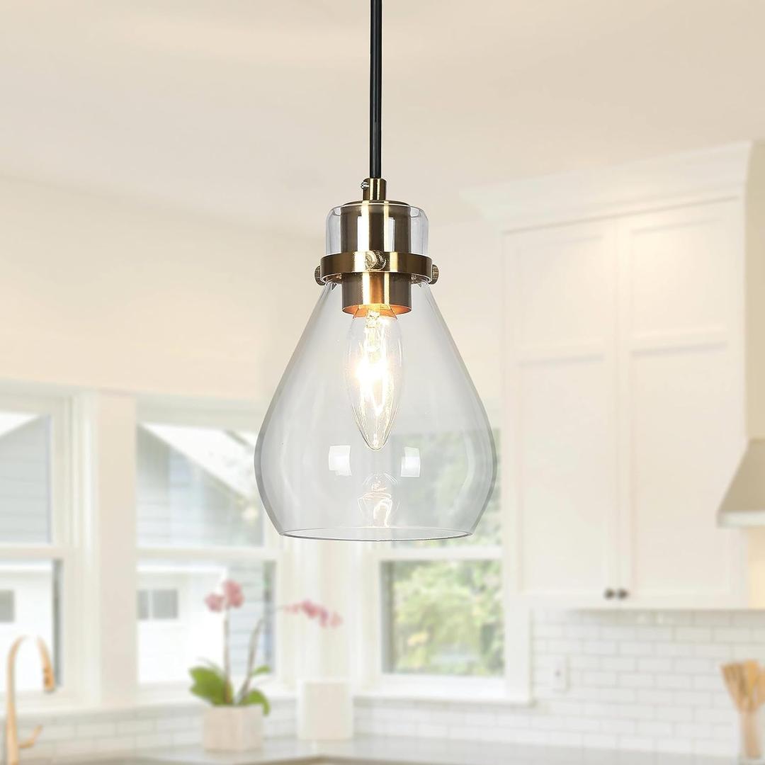 Modern Pendant Light, Gold Glass Pendant Lighting for Kitchen Island, Brass Hanging Light Fixtures for Foyer, Bedroom, Hallway and Dining Room