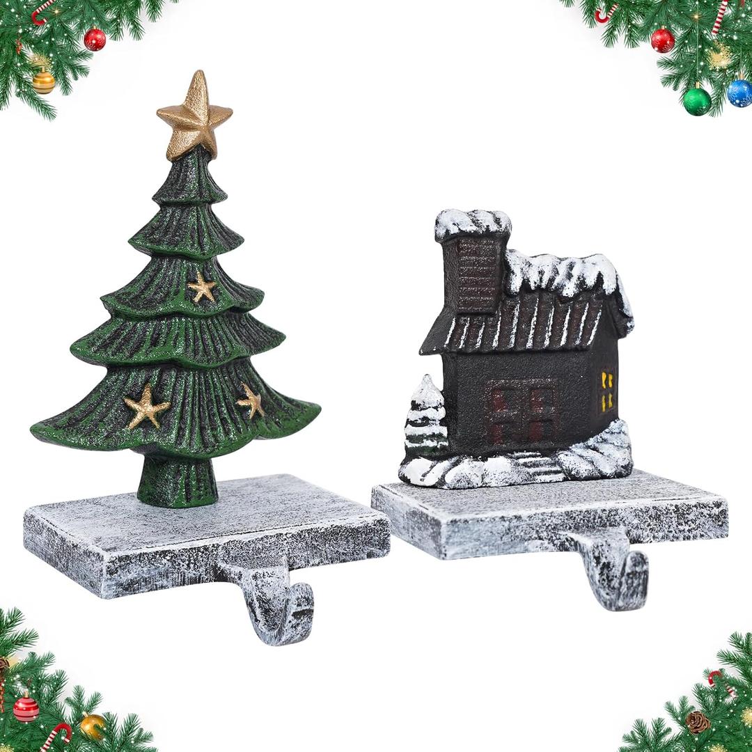Christmas Stocking Holders for Mantle - Set of 2 Heavy Duty Cast Iron Stocking Hangers with Non-Slip Base | Exquisite 3D Xmas Tree, Cottage Mantel Hook for Fireplace Decoration Holiday Gifts