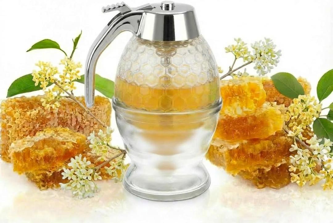 Honey Dispenser, No Drip with Stand, Maple Syrup Honey Container, Elegant Honeycomb Design for Home Decor for Any Occasion