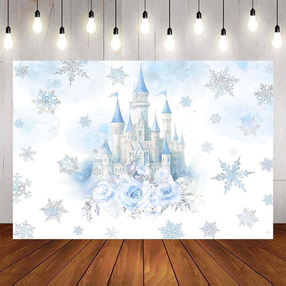 7x5ft Winter Ice Castle Backdrop Frozen Snowflakes Wonderland Princess Birthday Background Snowflake Fairytale Watercolor Flowers Party Decorations for Girls