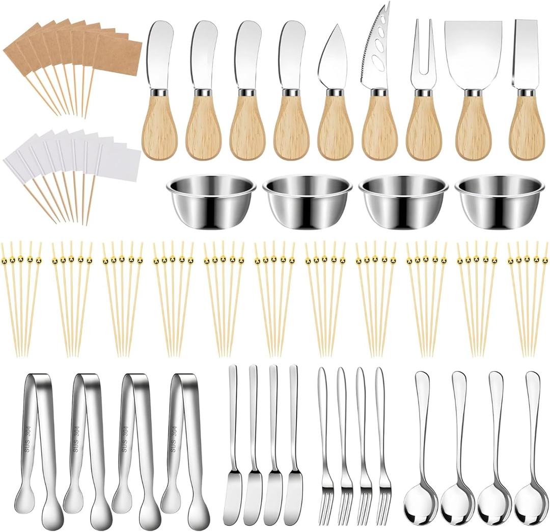 169 PCS Charcuterie Board Accessories Set, Cheese, Butter & Honey Spreader Knives Forks Spoons Serving Tongs Cocktail Picks Mini Bowls Flags for Party Platters & Dining