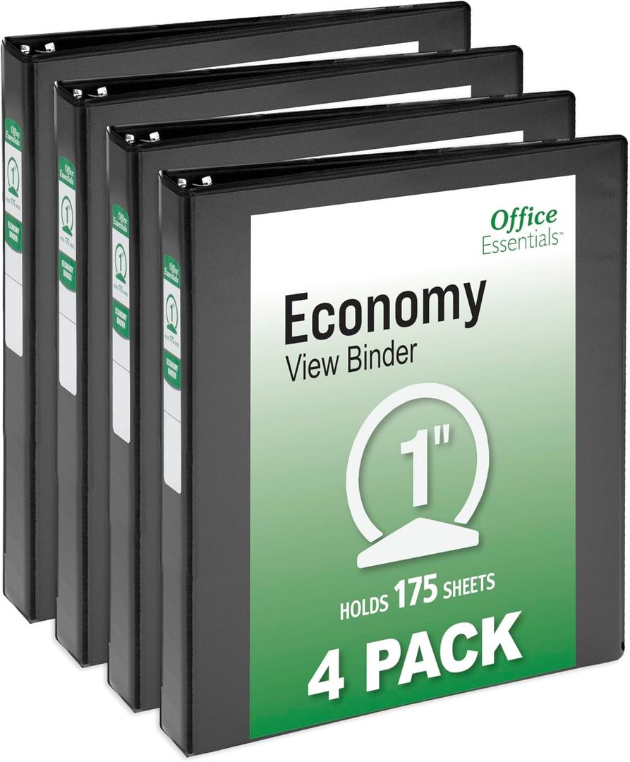Office Essentials Economy View 3 Ring Binders, 1" Round Rings, 1.4" Spine, 175-Sheet Capacity, Black Binders, 4-Pack