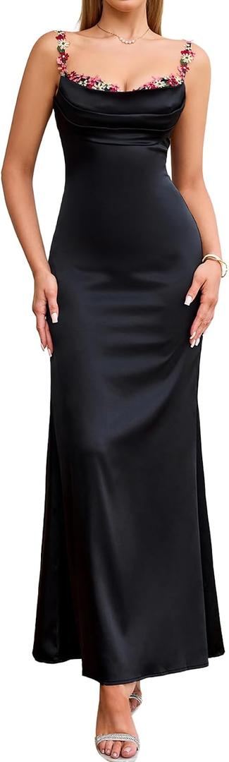 Colysmo Satin Maxi Floral Long Formal Wedding Guest Dresses for Women (Black, M)