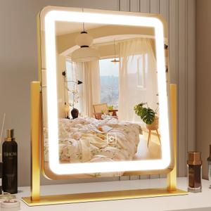 Gold Vanity Mirror with Lights, 15"x13" Lighted Makeup Mirror with Smart Touch, 3-Color Dimmable Lighting, 360 Rotation, Tabletop Mirror for Desk or Bedroom