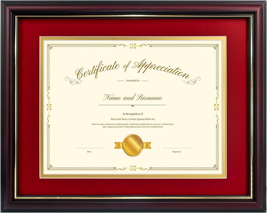 Red Diploma Frames 11x14 with Mat - Certificate Frame 8.5x11 Inch with Mat - 11x14 Inch Without Mat - For Document/Photo(Double Mat - Red with Gold Rim