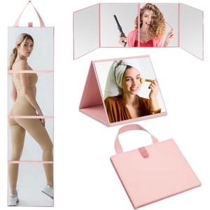 3 Way Foldable Full Length Mirror with Handle 31.89 x 11.22 Inches Leather Portable Camping Travel Hanging Folding Body Mirror for Makeup Dance Fitness Spa Hair Styling(Pink,Classic)