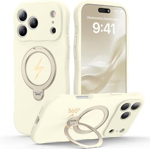 360 Spin Silicone Stand (Pro-Version) for iPhone 17 Pro Max Case: Cute Wavy [Full Camera Protection] (Fit for MagSafe) Shockproof Women Girl Phone Case for iPhone 17 Pro Max 6.9", Antique White