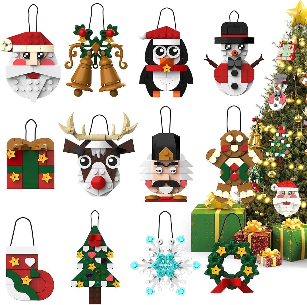 Christmas Ornaments Building Blocks Set,12 PCS Christmas Ornaments Building Kit, Santa, Snowman, Reindeer, Christmas Tree, Snowflake, Stocking, Stocking Stuffers Decor Toys Gifts for Boys Girls Kids