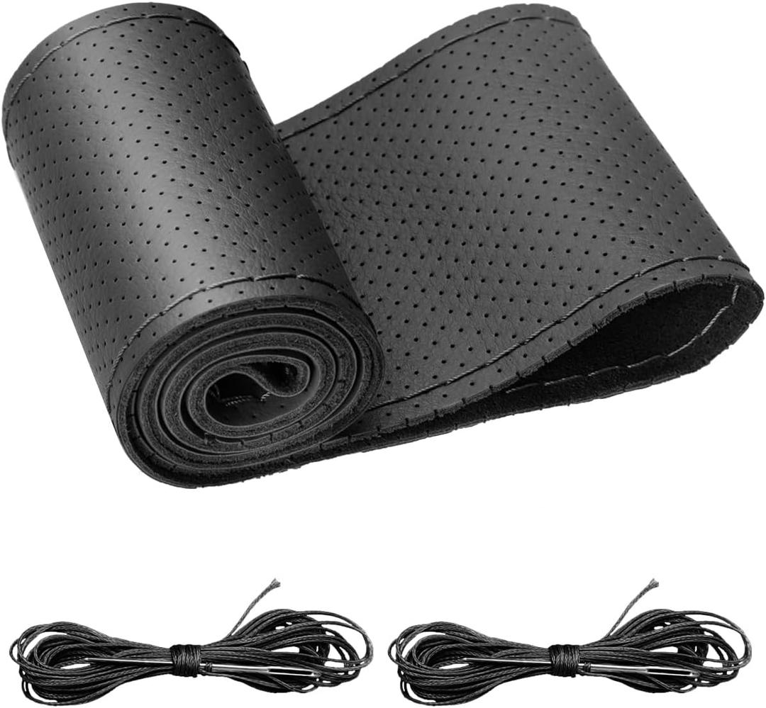 BELINOUS Universal Leather Car Steering Wheel Cover, Stitch On Wrap (Size M4, Black)