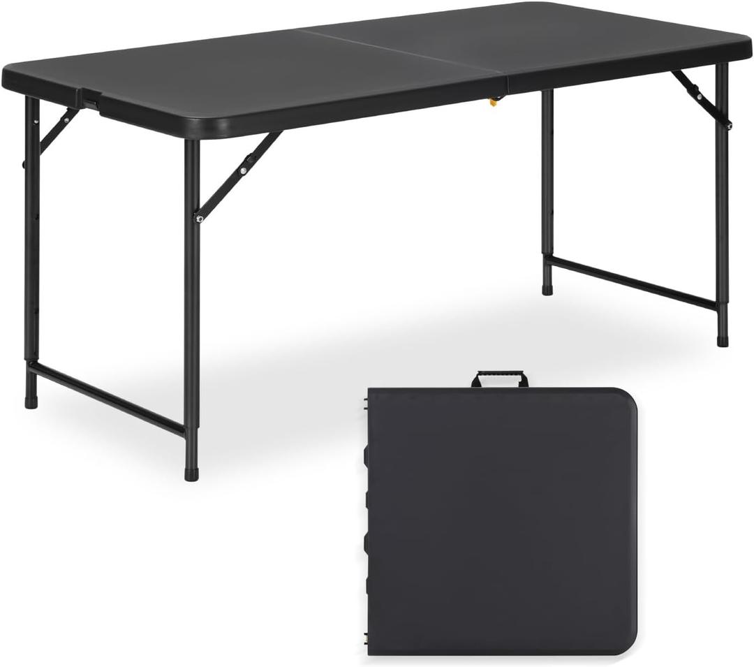4ft Folding Table with Adjustable Height, 3-Level Foldable Table with HDPE Top & Steel Legs, Portable 4 Foot Folding Table for Picnic, Party, Craft, Indoor Outdoor Use, Black