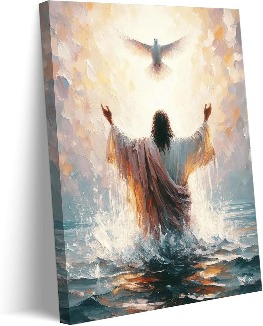 Jesus Baptism Canvas Wall Art Jesus And The Dove Picture Wall Decor Holy Spirit Christian Faith Poster Print Painting for Living Room Bedroom Church Decoration Ready To Han