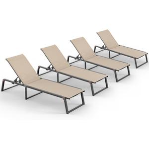 Aluminum Chaise Lounge Chair Outdoor, Foldable& No Assembly Patio Pool Lounge Chairs 5-Position Recliner for Outside, Fully Grounded Legs Sun Lounger for Poolside, Khaki