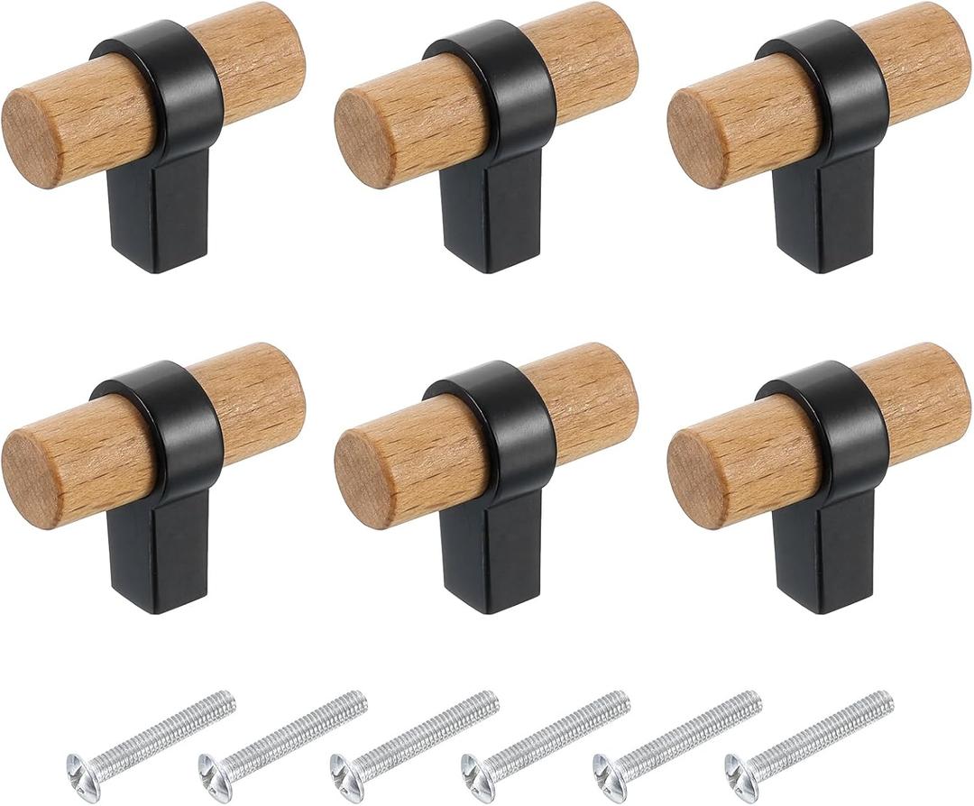 uxcell 6 Pcs T Bar Wooden Drawer Pulls Wood Single Hole Dresser Drawer Knobs Furniture Dresser Pull Handles with Screws for Home Kitchen Room Closet Cupboard, Beech Wood/Black