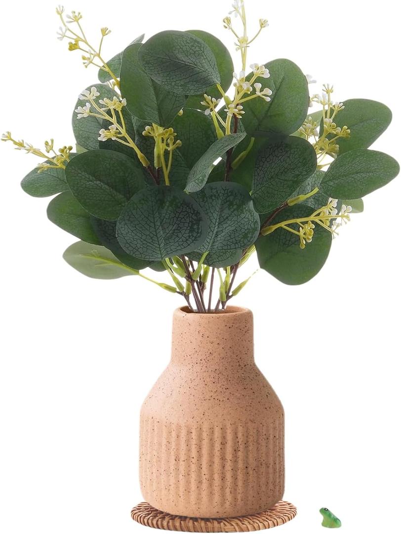 MiaTen Artificial Eucalyptus Greenery Stems in Ceramic Vase 10Pcs Fake Plants Eucalyptus Leaves for Centerpiece Table Decorations Home Room Decor Office Desk Decor Greenery Decor Indoor (Beige)