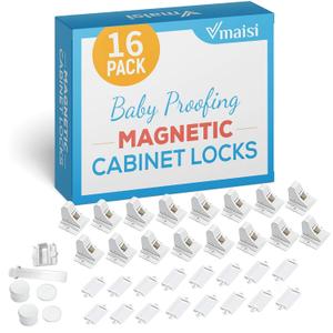16 Pack Child Safety Magnetic Cabinet Locks - Vmaisi Children Proof Cupboard Baby Locks Latches - Adhesive for Cabinets & Drawers and Screws Fixed for Protection (Standard)