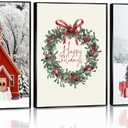 3Pcs Christmas Wall Art Red House Christmas Tree Gift Pictures Fashion Modern Christmas Canvas Paintings Prints Wall Decor Winter Snow Scene Holiday Aesthetic Posters Suitable for Living Room Bedroom Office Decoration Unframed