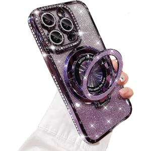 AuroiCCY Magnetic Case for iPhone 14 Pro Max with Ring Holder, Luxury Glitter Rhinestone Bling Case [Compatible with Magsafe] Shockproof Kickstand Camera Lens Protector for iPhone 14 Pro Max (Purple)